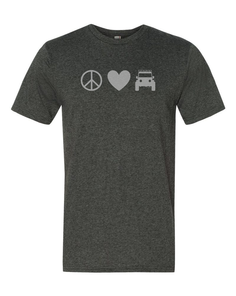Peace. Love. 4-Wheel Drive® 2nd Edition. Charcoal Tees - Heavy and Lightweight Options.