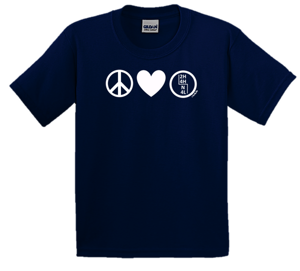 Peace. Love. 4-Wheel Drive®. Navy Unisex Tee. Kids Sizes Too!